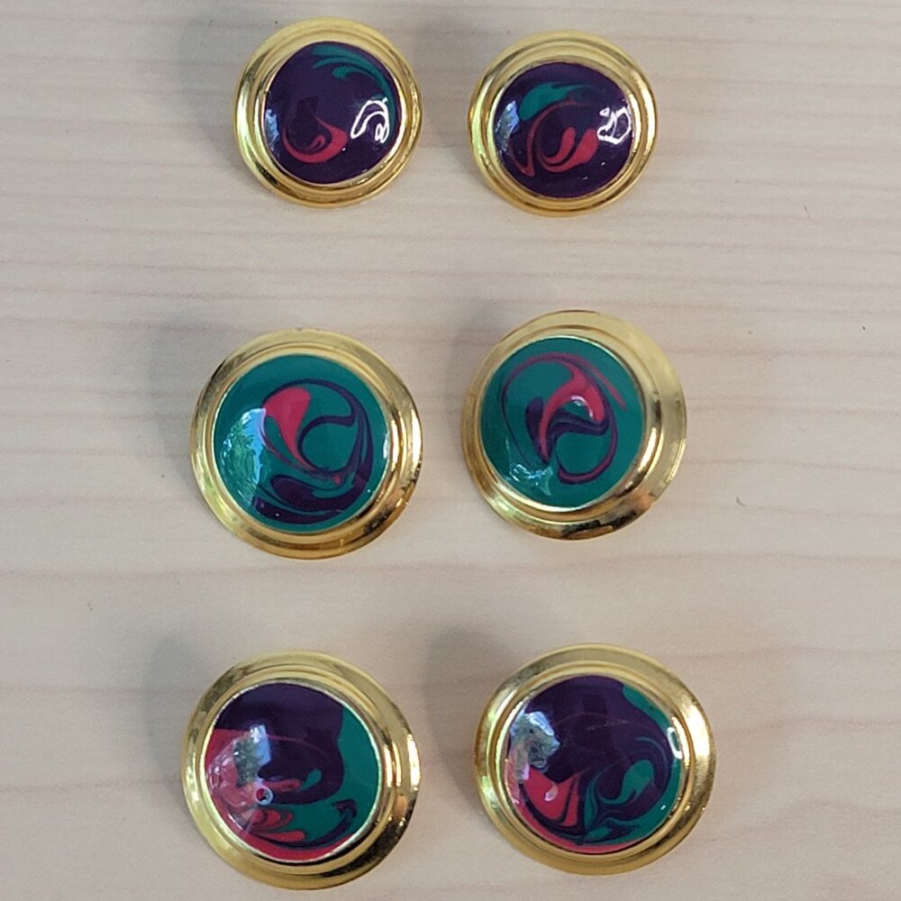 Bundle of 3 Pairs: Vintage 90s Gold Pink Purple Green Paint Swirl Stud Earrings